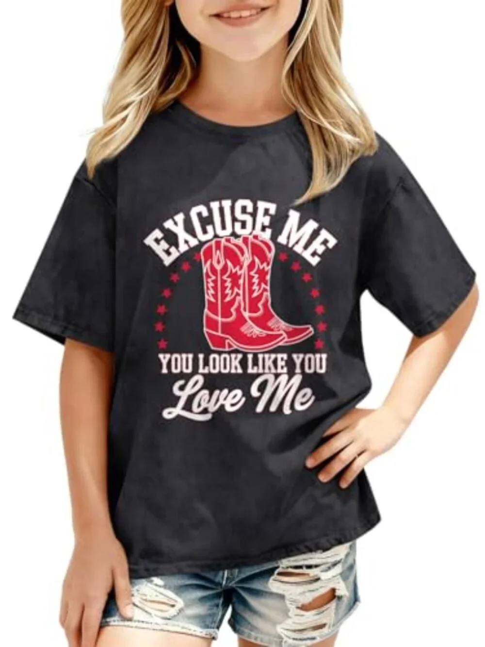 Girls Western Cowgirl T-Shirt Acid Wash Letter Print Rodeo Tee